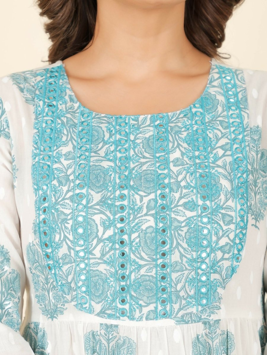 Aramya White Soft Cotton Block Print Anarkali Kurta Set for Women | Grocsy