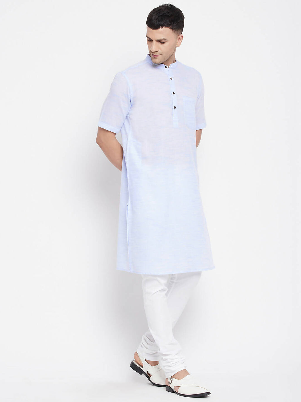 Even Apparels Blue Color Pure Cotton With Band Collar Men's H/S Kurta | Grocsy