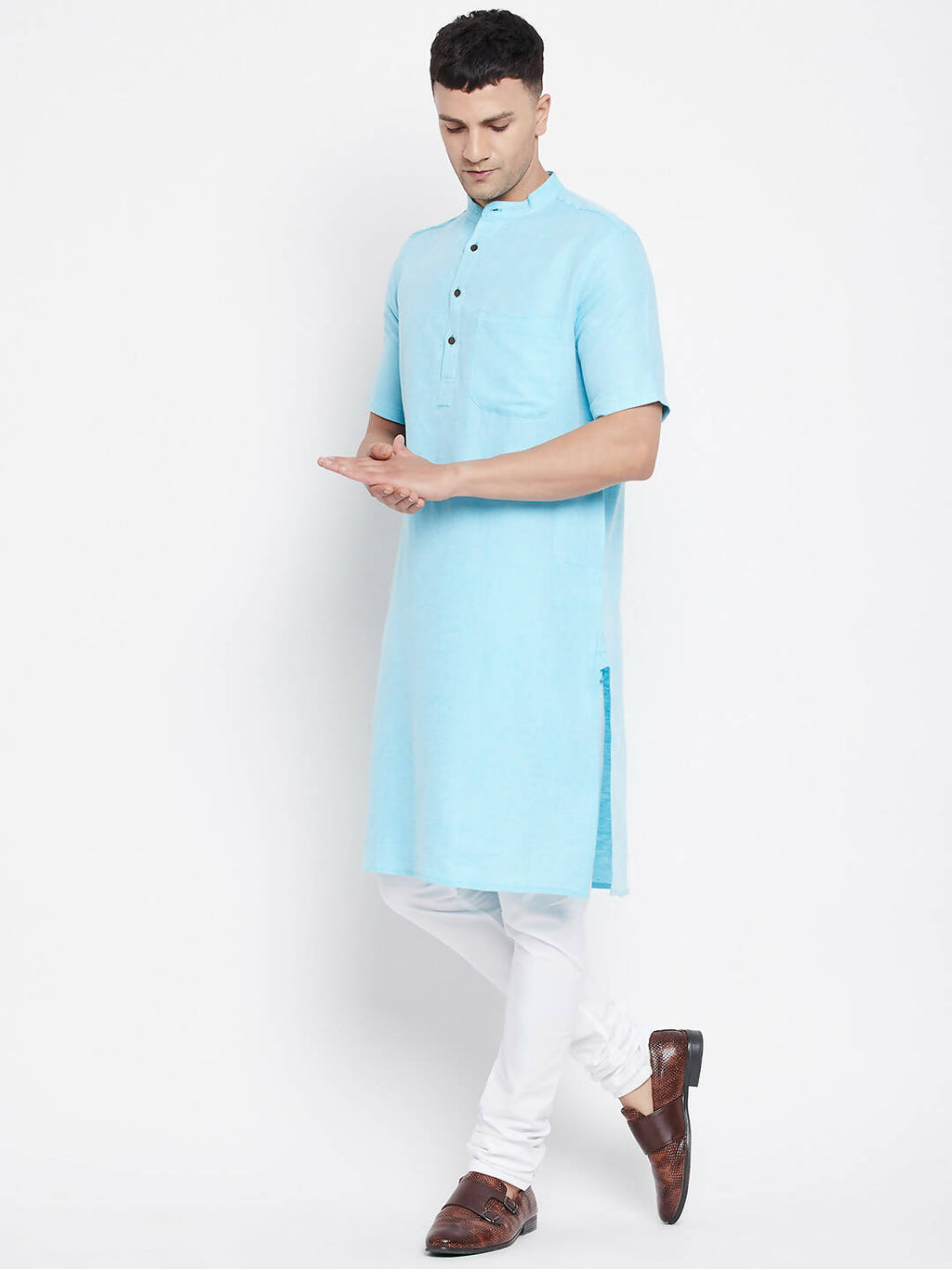 Even Apparels Blue Color Pure Cotton Men's H/S Kurta With Band Collar | Grocsy