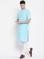 Even Apparels Blue Color Pure Cotton Men's H/S Kurta With Band Collar | Grocsy