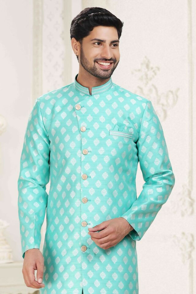 Raivat Ethnic Banarasi Jacquard Embroidery Semi Indo Western Sherwani In Green Colour | Grocsy