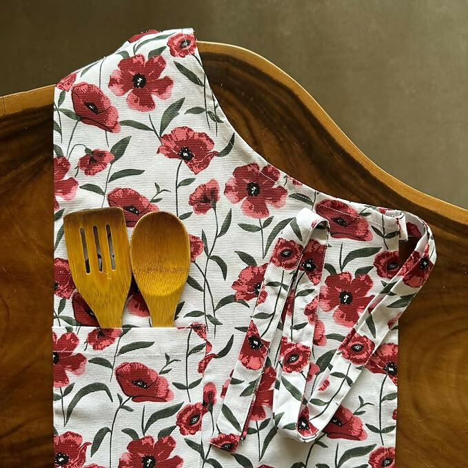 Oak & Lily 100% Cotton Kitchen Apron-Red Poppy Flower | Grocsy