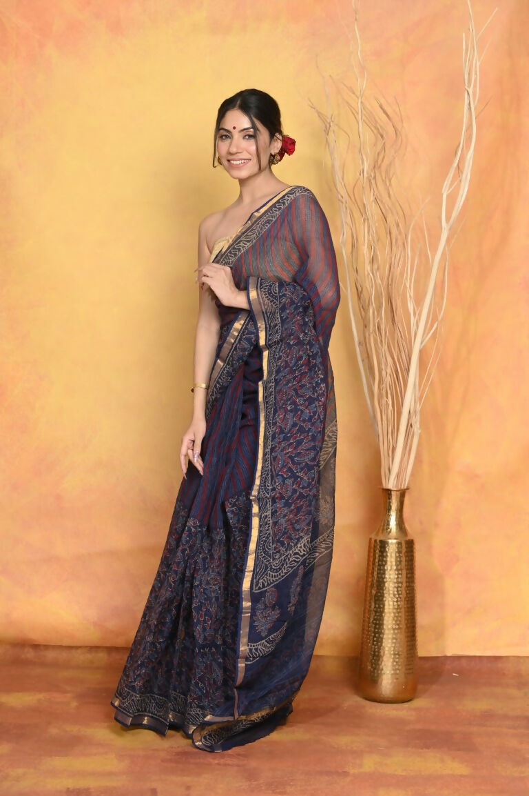 Very Much Indian Pure Kota Cotton Handblock Printed Saree - Dark Blue | Grocsy