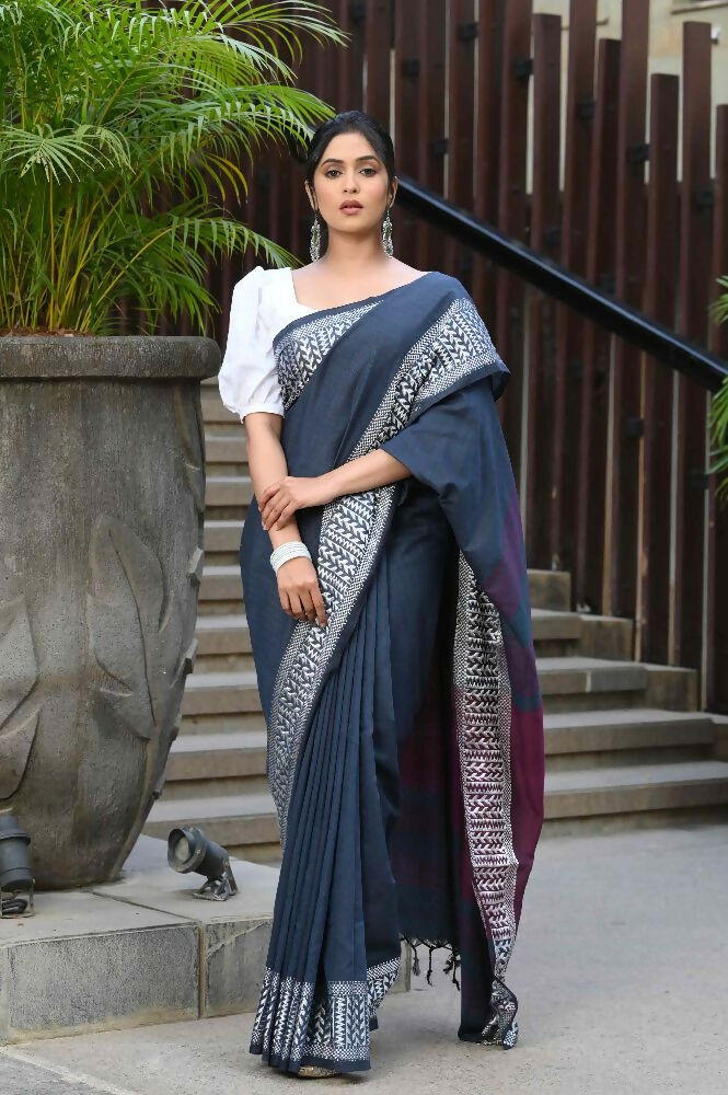 Beatitude Blue Cotton Jacquard Border Tangail Handloom Saree | Grocsy