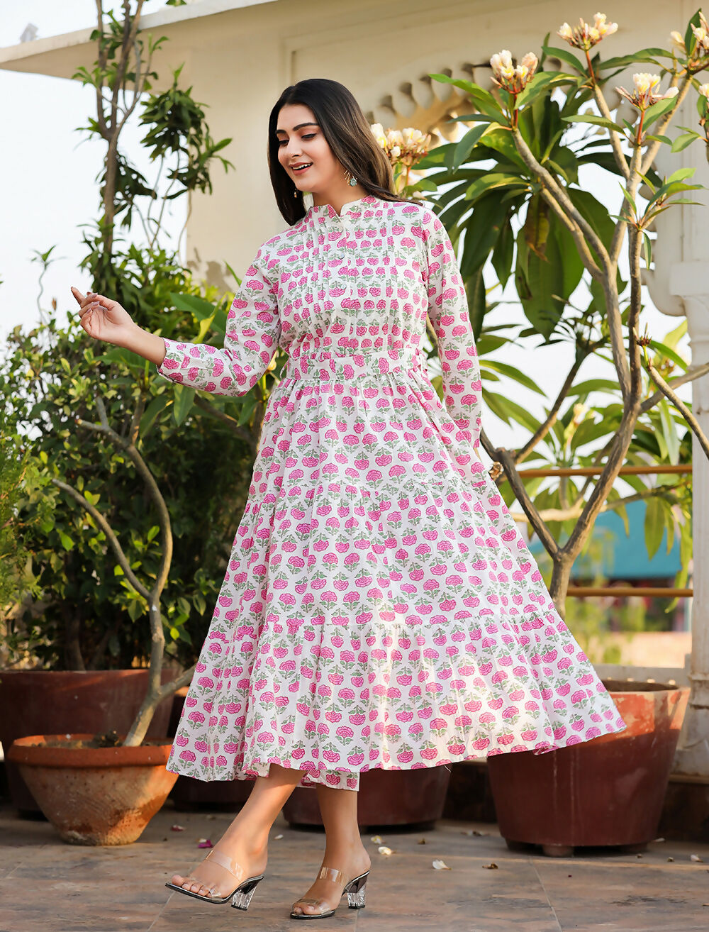 Kaajh Women's Pink Floral Print Cotton Handblock Dress | Grocsy