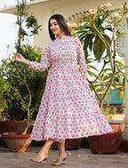 Kaajh Women's Pink Floral Print Cotton Handblock Dress | Grocsy