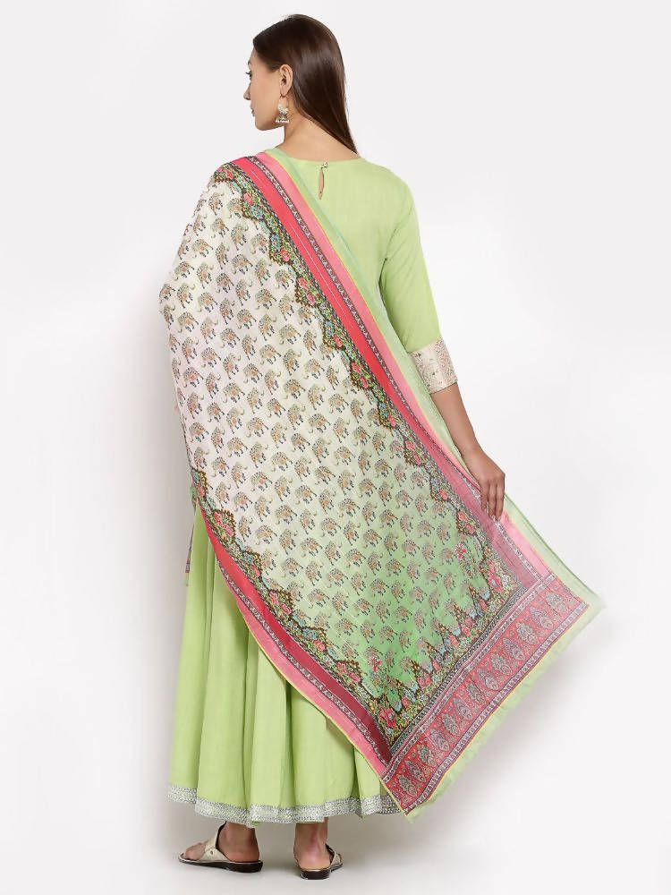 Myshka Women's Green Royan Printed 3/4 Sleeve Round Neck Casual Anarkali Kurta Dupatta Set | Grocsy