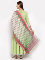 Myshka Women's Green Royan Printed 3/4 Sleeve Round Neck Casual Anarkali Kurta Dupatta Set | Grocsy