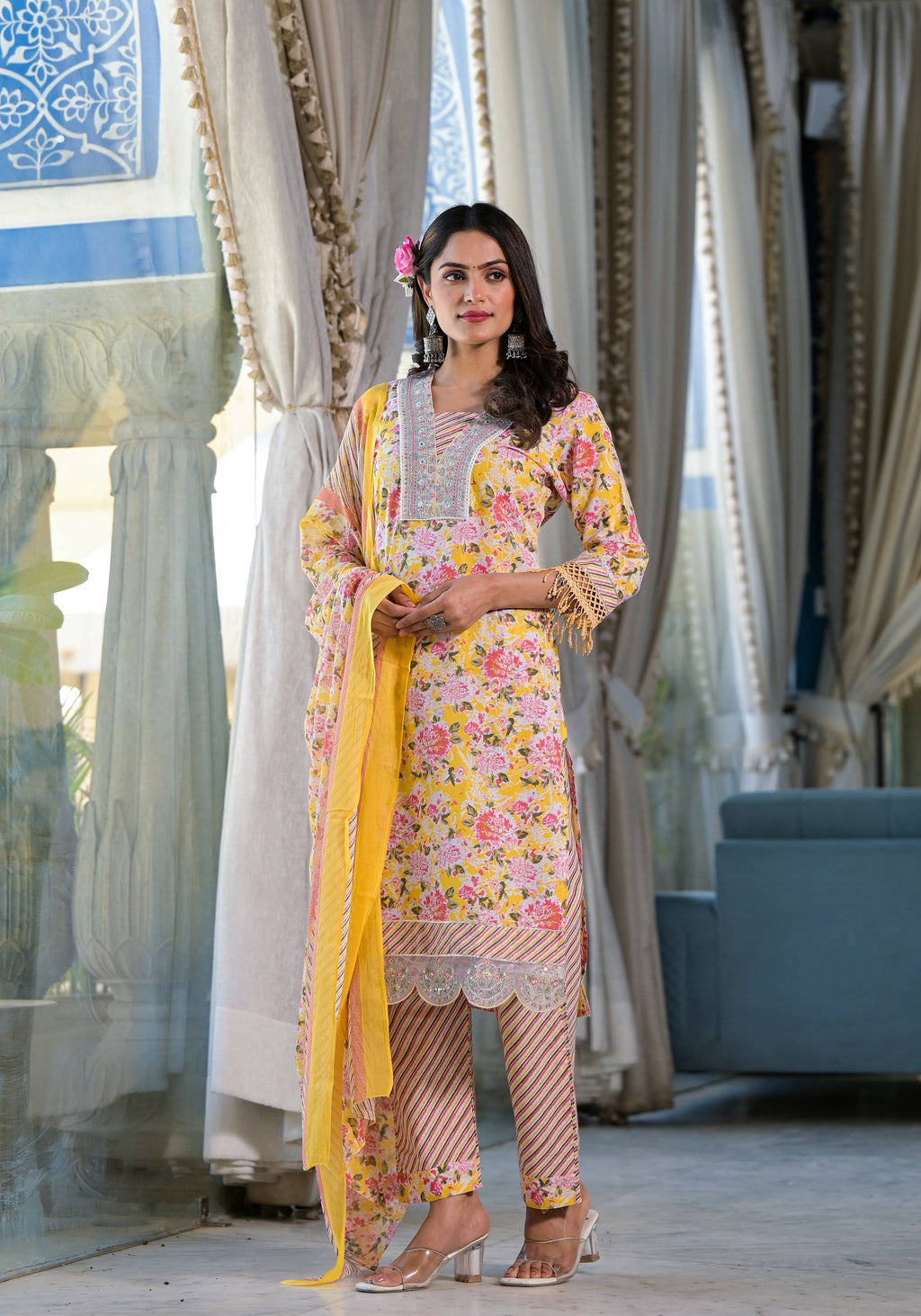 Floral Printed & Embroidered Kurta With Pant & Dupatta Luxury, Multicolor - Hiral Fashion | Grocsy