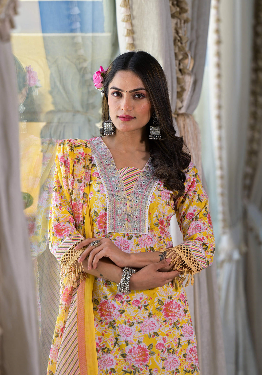 Floral Printed & Embroidered Kurta With Pant & Dupatta Luxury, Multicolor - Hiral Fashion | Grocsy