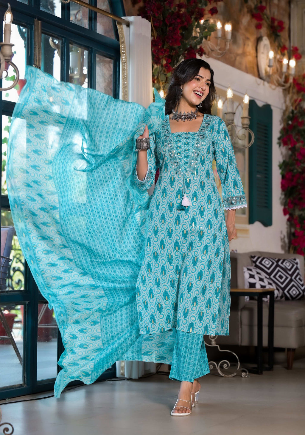 Lace Embroidered & Printed Kurta With Pant & Dupatta, Multicolor - Hiral Fashion | Grocsy