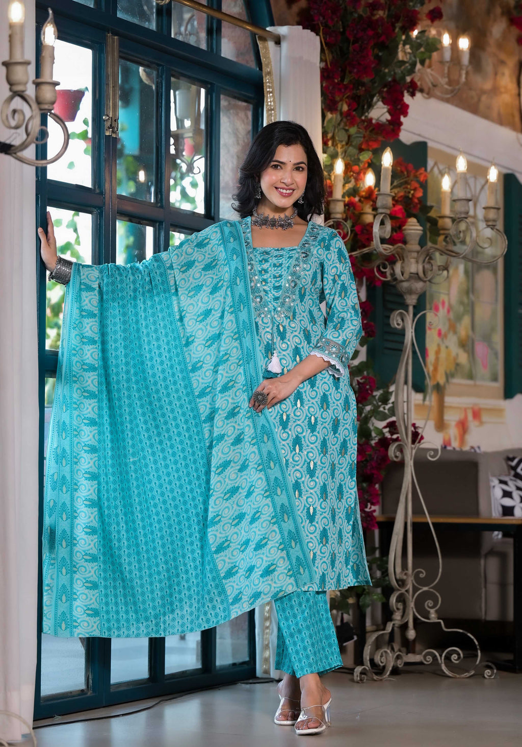 Lace Embroidered & Printed Kurta With Pant & Dupatta, Multicolor - Hiral Fashion | Grocsy