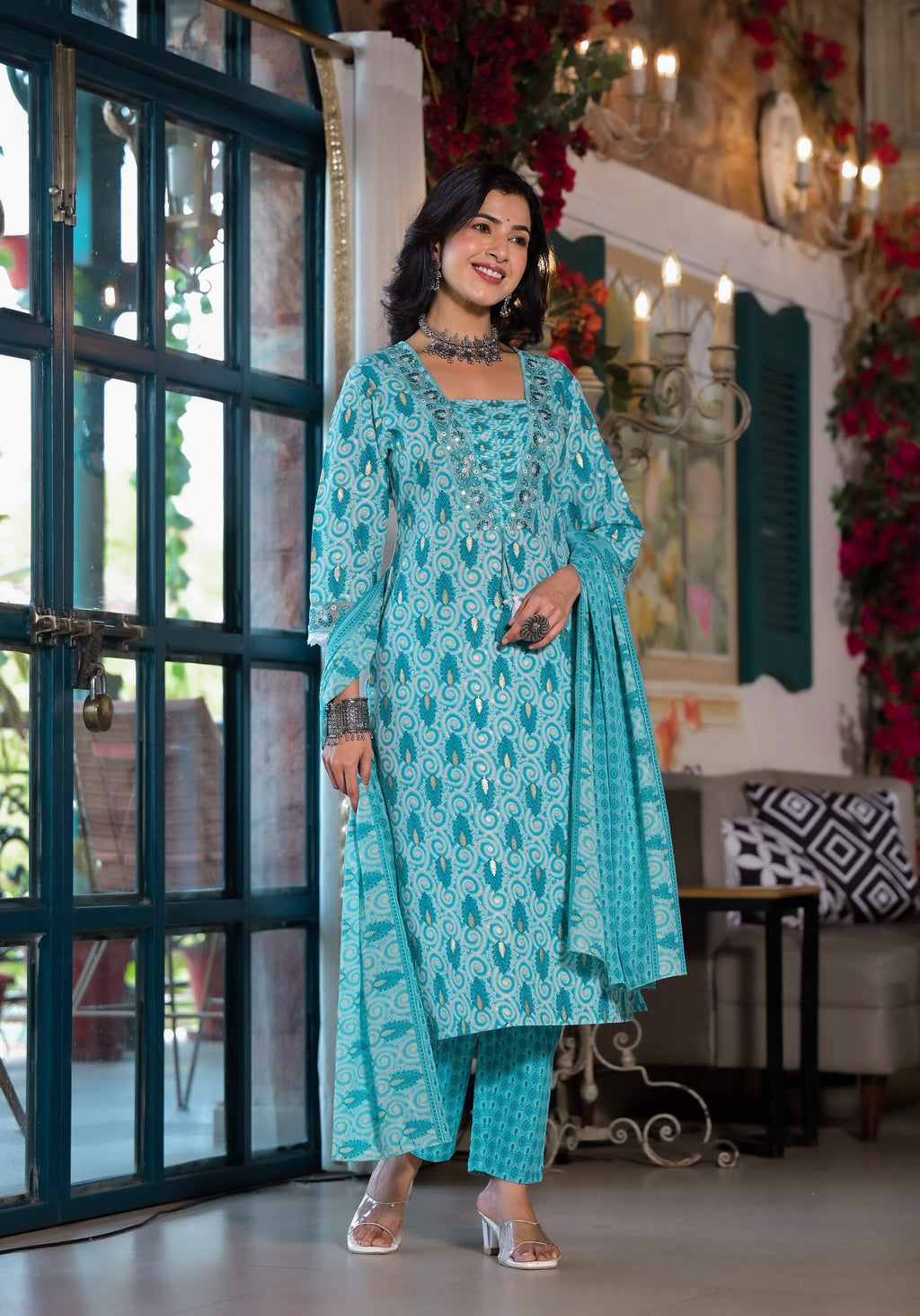 Lace Embroidered & Printed Kurta With Pant & Dupatta, Multicolor - Hiral Fashion | Grocsy