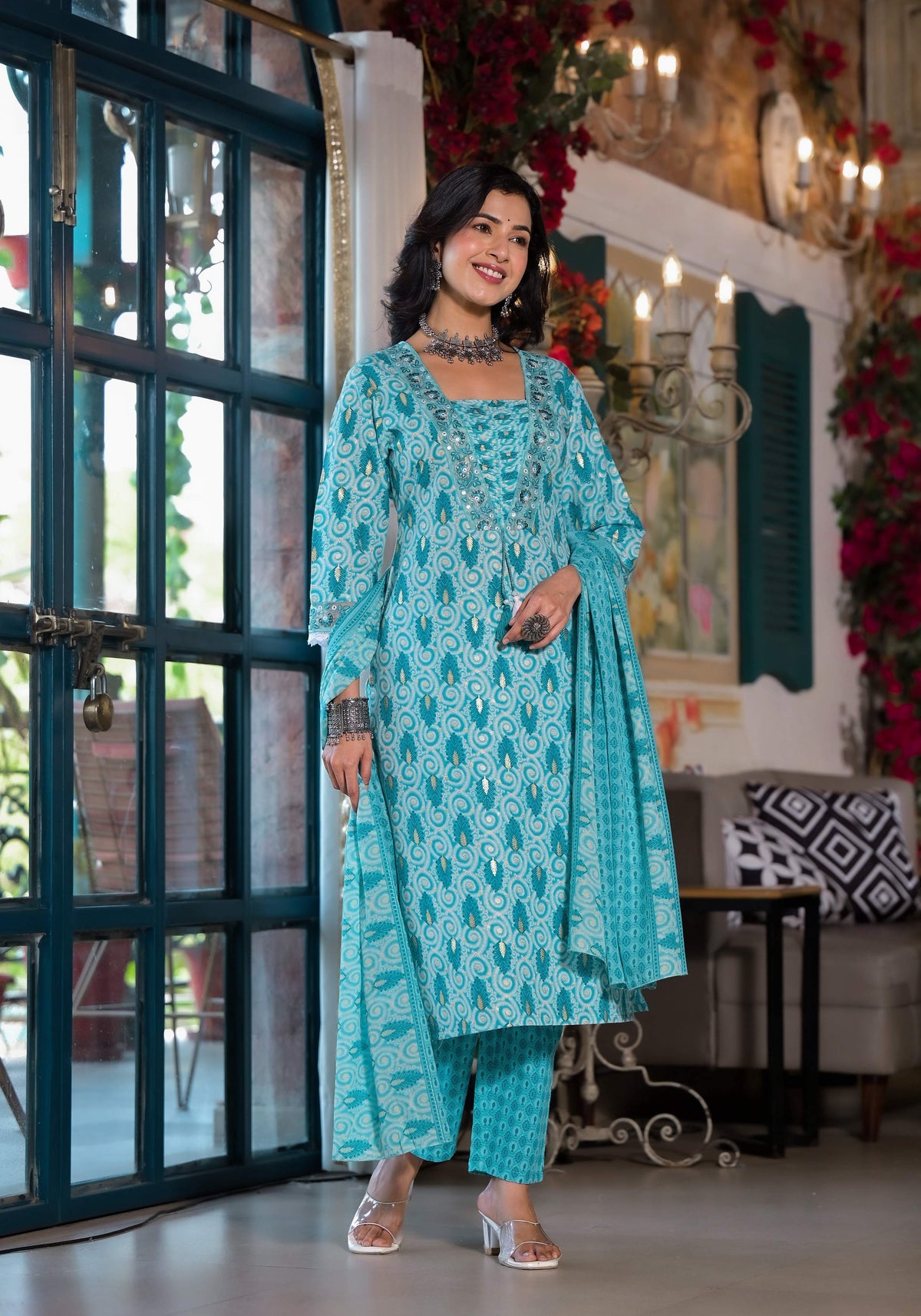 Lace Embroidered & Printed Kurta With Pant & Dupatta, Multicolor - Hiral Fashion | Grocsy