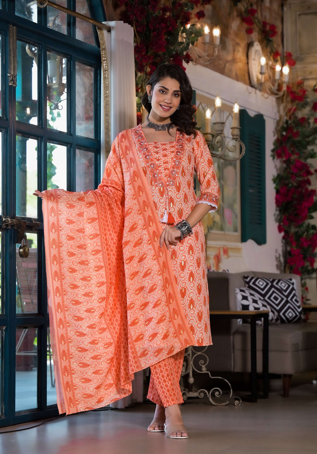 Lace Embroidered & Printed Kurta With Pant & Dupatta, Multicolor - Hiral Fashion | Grocsy