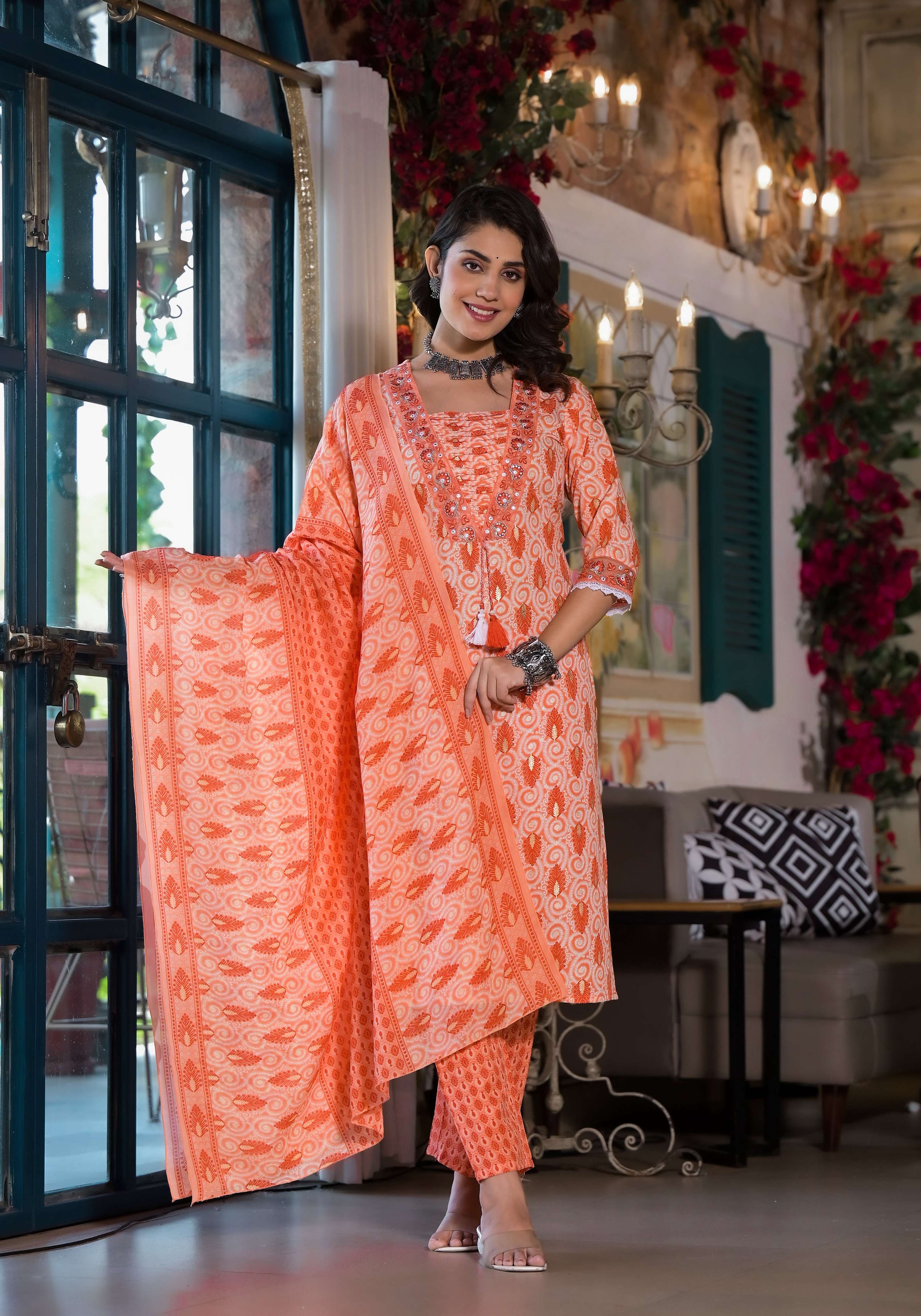 Lace Embroidered & Printed Kurta With Pant & Dupatta, Multicolor - Hiral Fashion | Grocsy