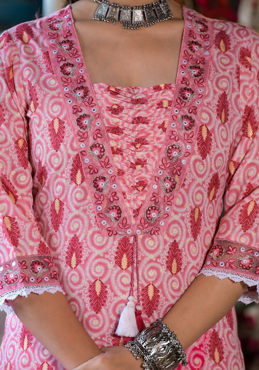 Lace Embroidered & Printed Kurta With Pant & Dupatta, Multicolor - Hiral Fashion | Grocsy
