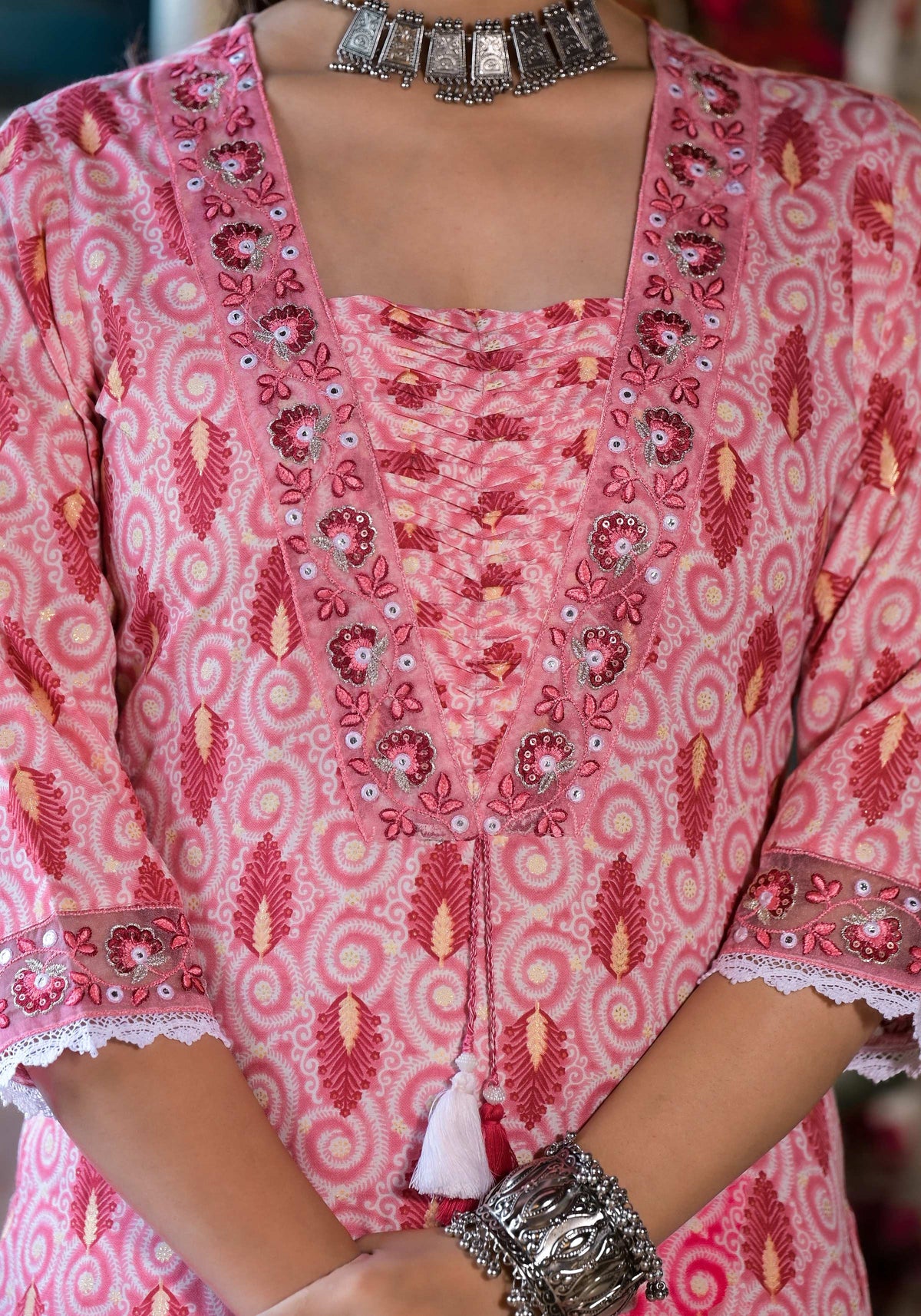 Lace Embroidered & Printed Kurta With Pant & Dupatta, Multicolor - Hiral Fashion | Grocsy