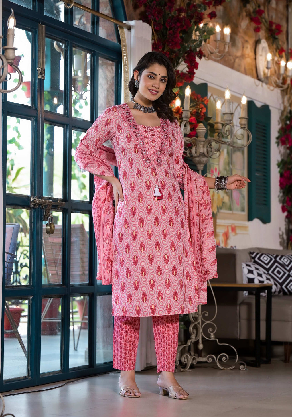 Lace Embroidered & Printed Kurta With Pant & Dupatta, Multicolor - Hiral Fashion | Grocsy