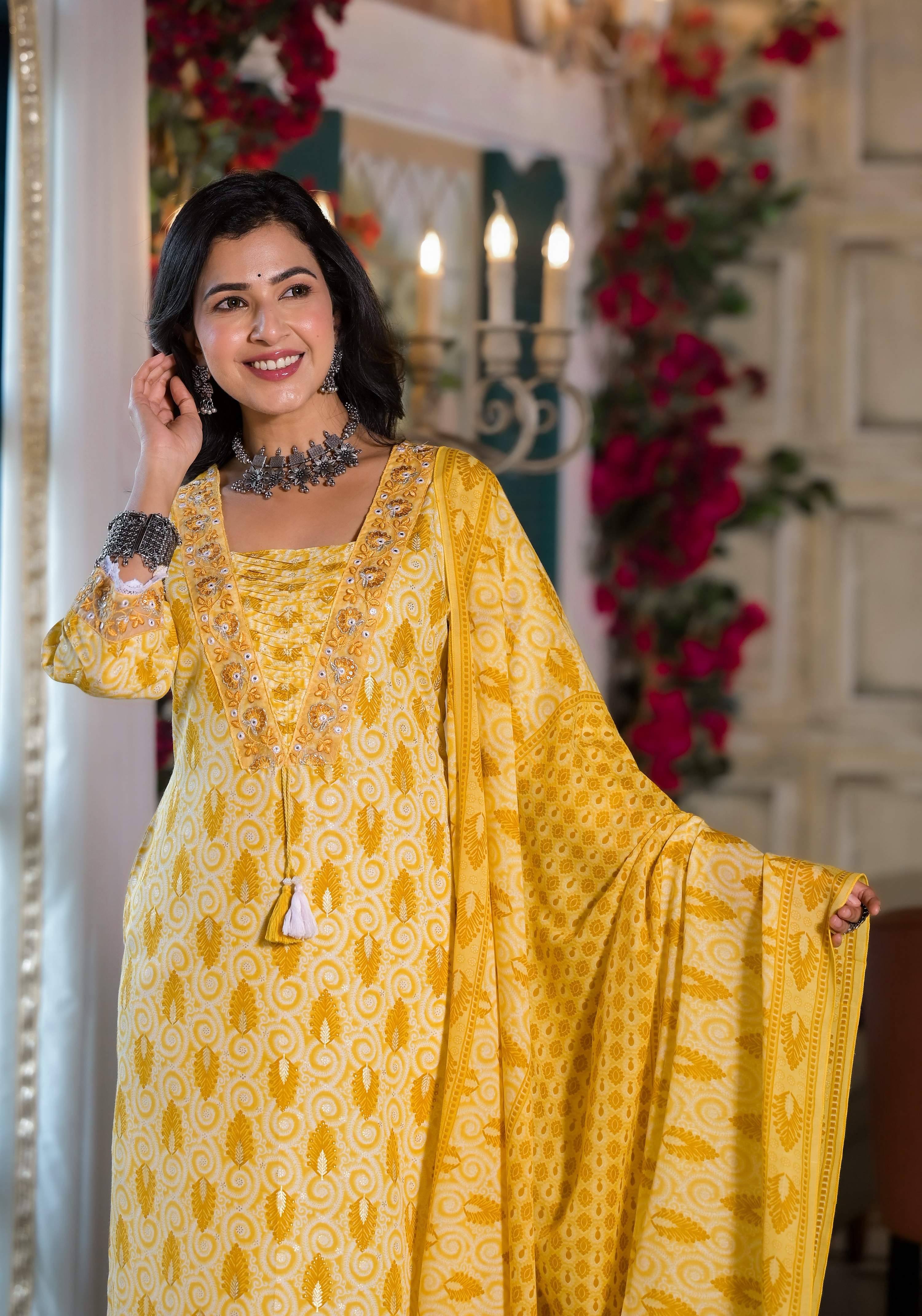 Lace Embroidered & Printed Kurta With Pant & Dupatta, Multicolor - Hiral Fashion | Grocsy