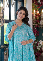 Embroidered & Printed Angrakha Style Kurta With Pant & Dupatta, Blue - Hiral Fashion | Grocsy