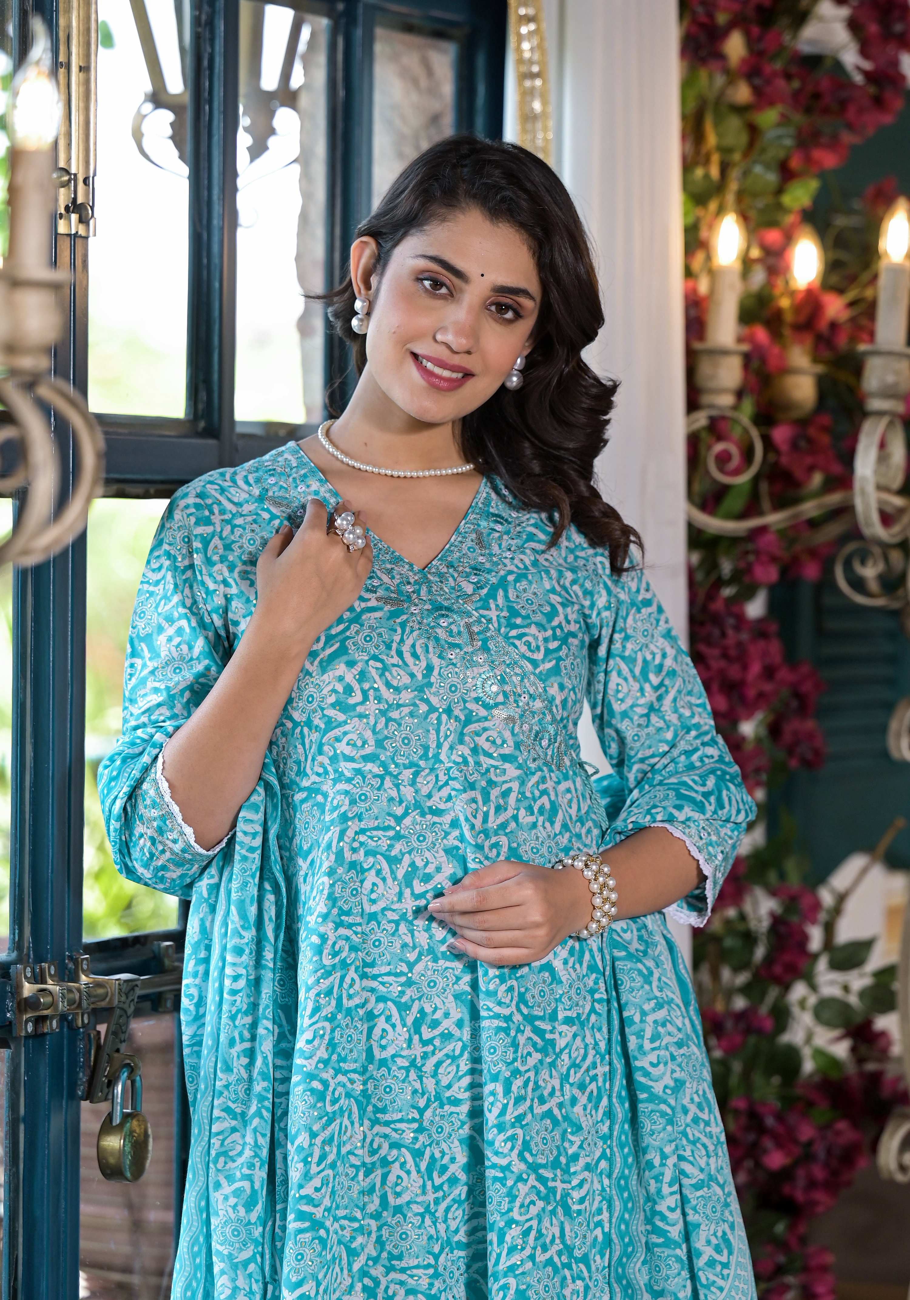 Embroidered & Printed Angrakha Style Kurta With Pant & Dupatta, Blue - Hiral Fashion | Grocsy