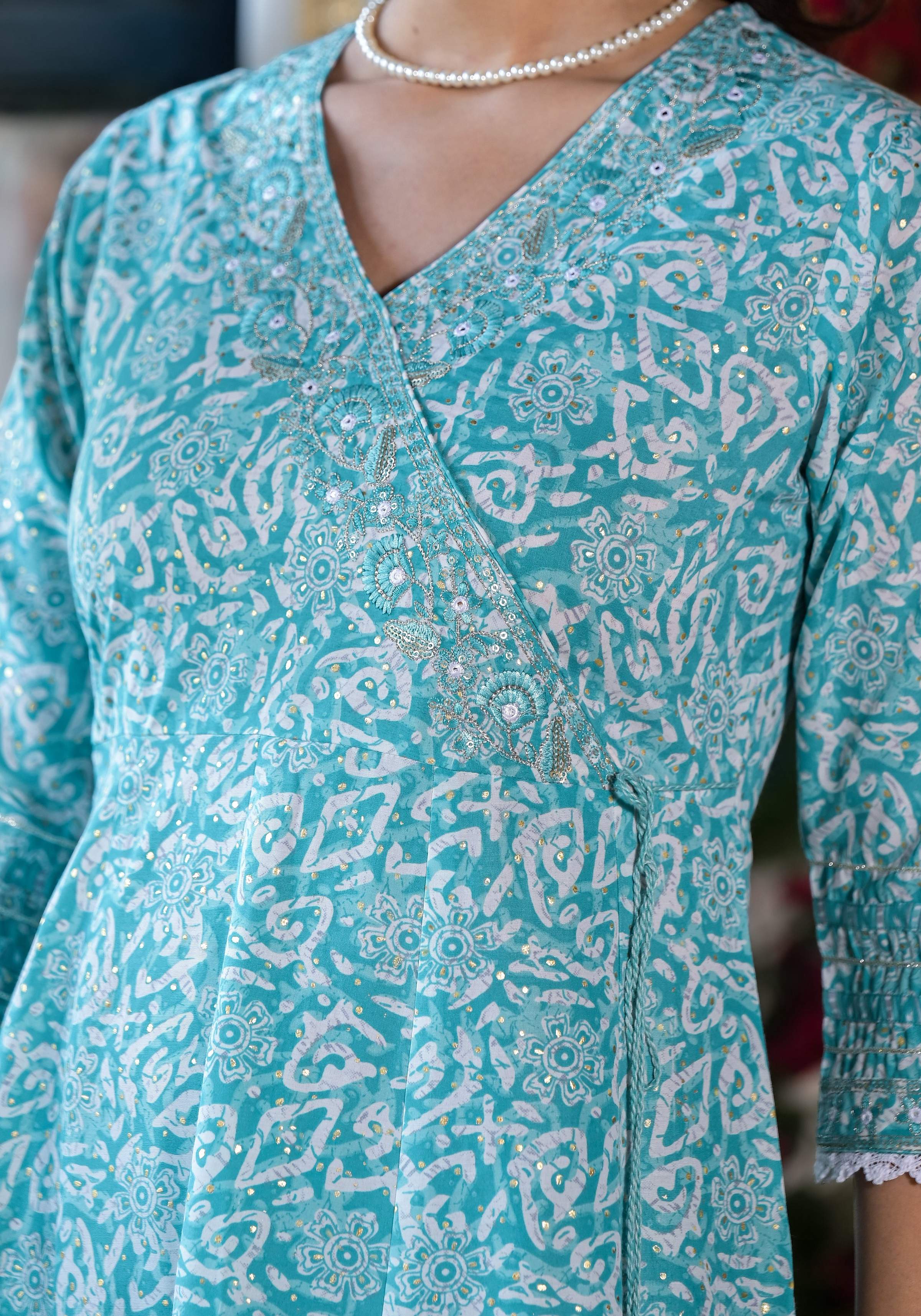 Embroidered & Printed Angrakha Style Kurta With Pant & Dupatta, Blue - Hiral Fashion | Grocsy