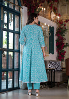 Embroidered & Printed Angrakha Style Kurta With Pant & Dupatta, Blue - Hiral Fashion | Grocsy