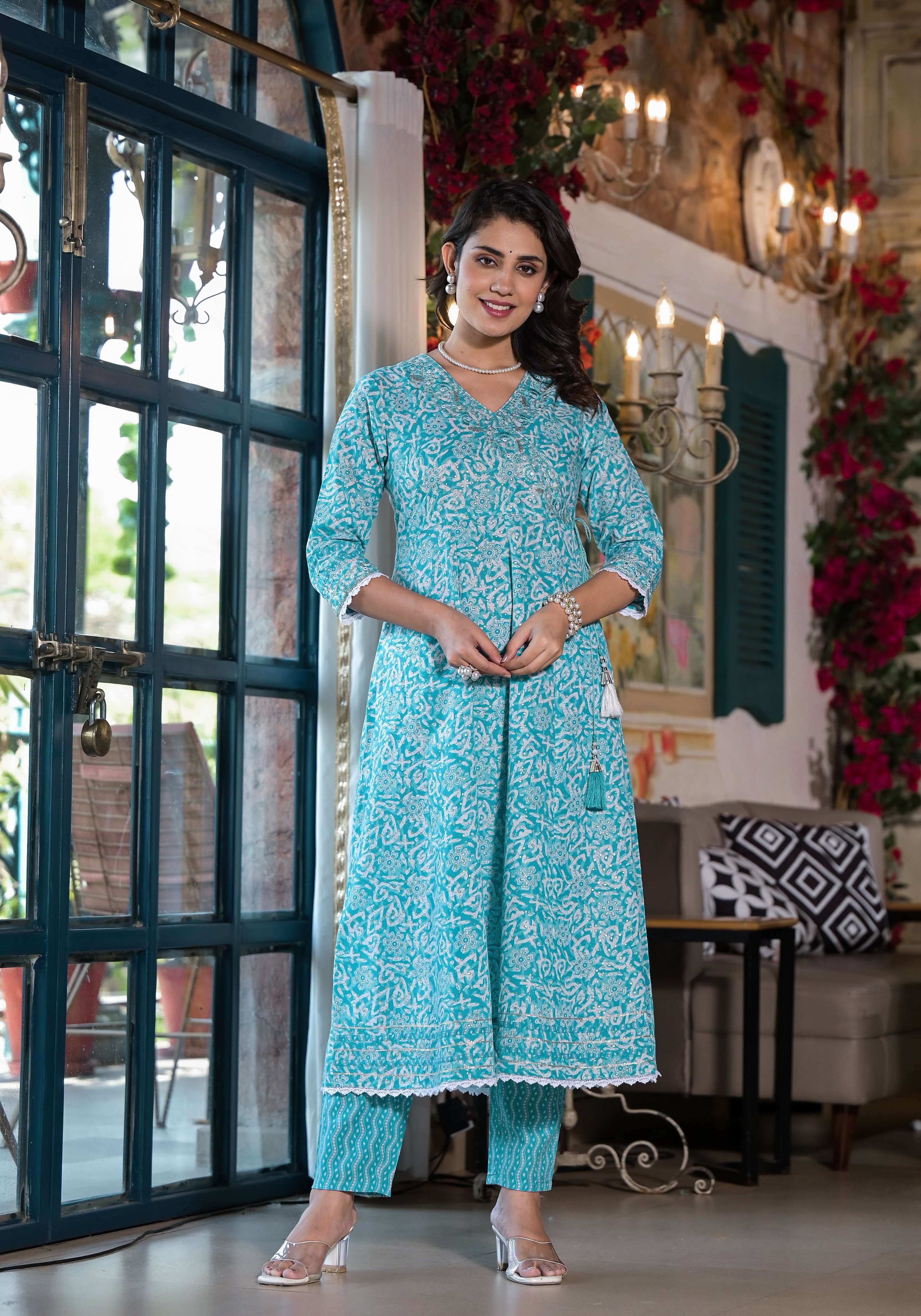 Embroidered & Printed Angrakha Style Kurta With Pant & Dupatta, Blue - Hiral Fashion | Grocsy