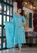 Embroidered & Printed Angrakha Style Kurta With Pant & Dupatta, Blue - Hiral Fashion | Grocsy