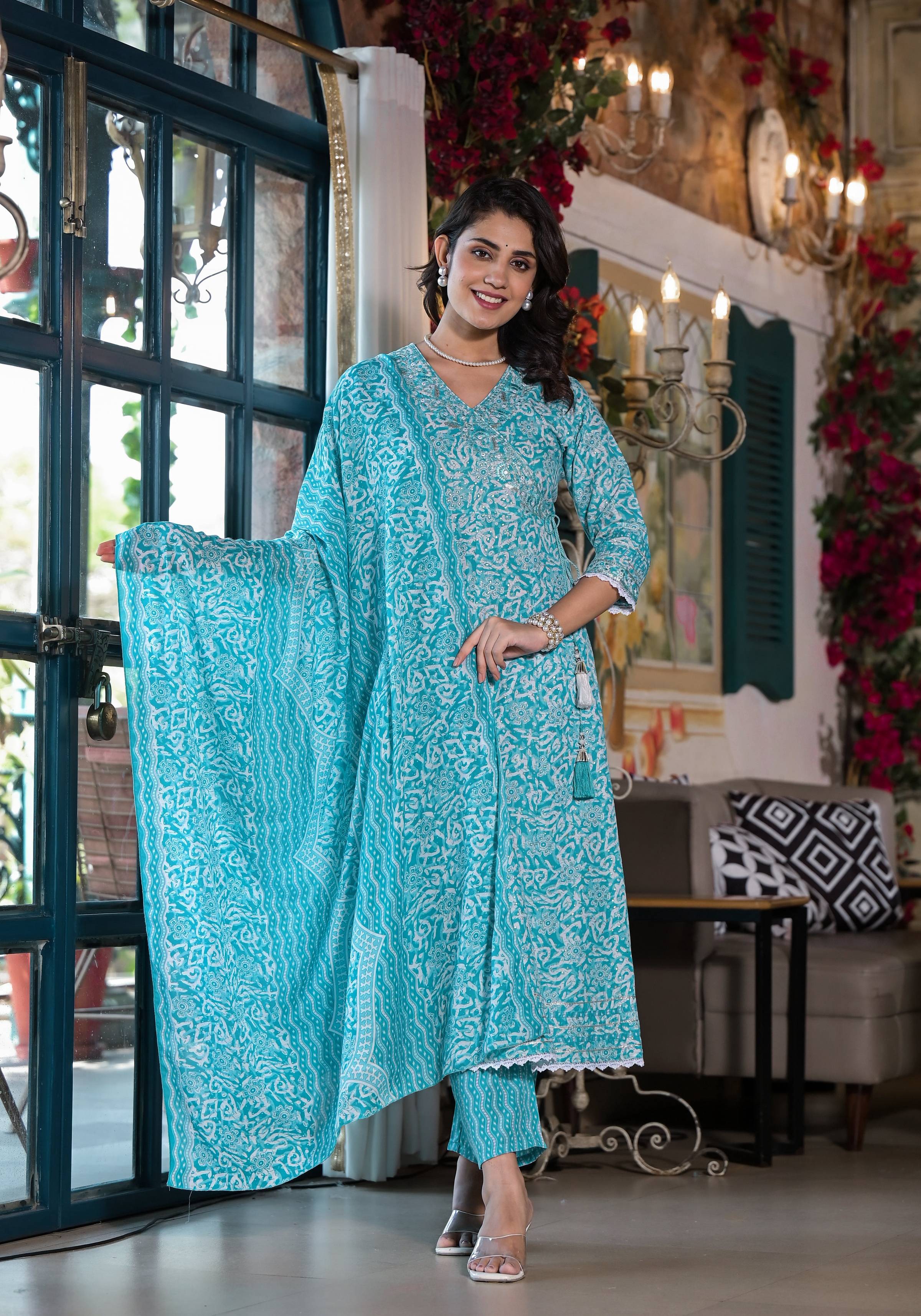 Embroidered & Printed Angrakha Style Kurta With Pant & Dupatta, Blue - Hiral Fashion | Grocsy