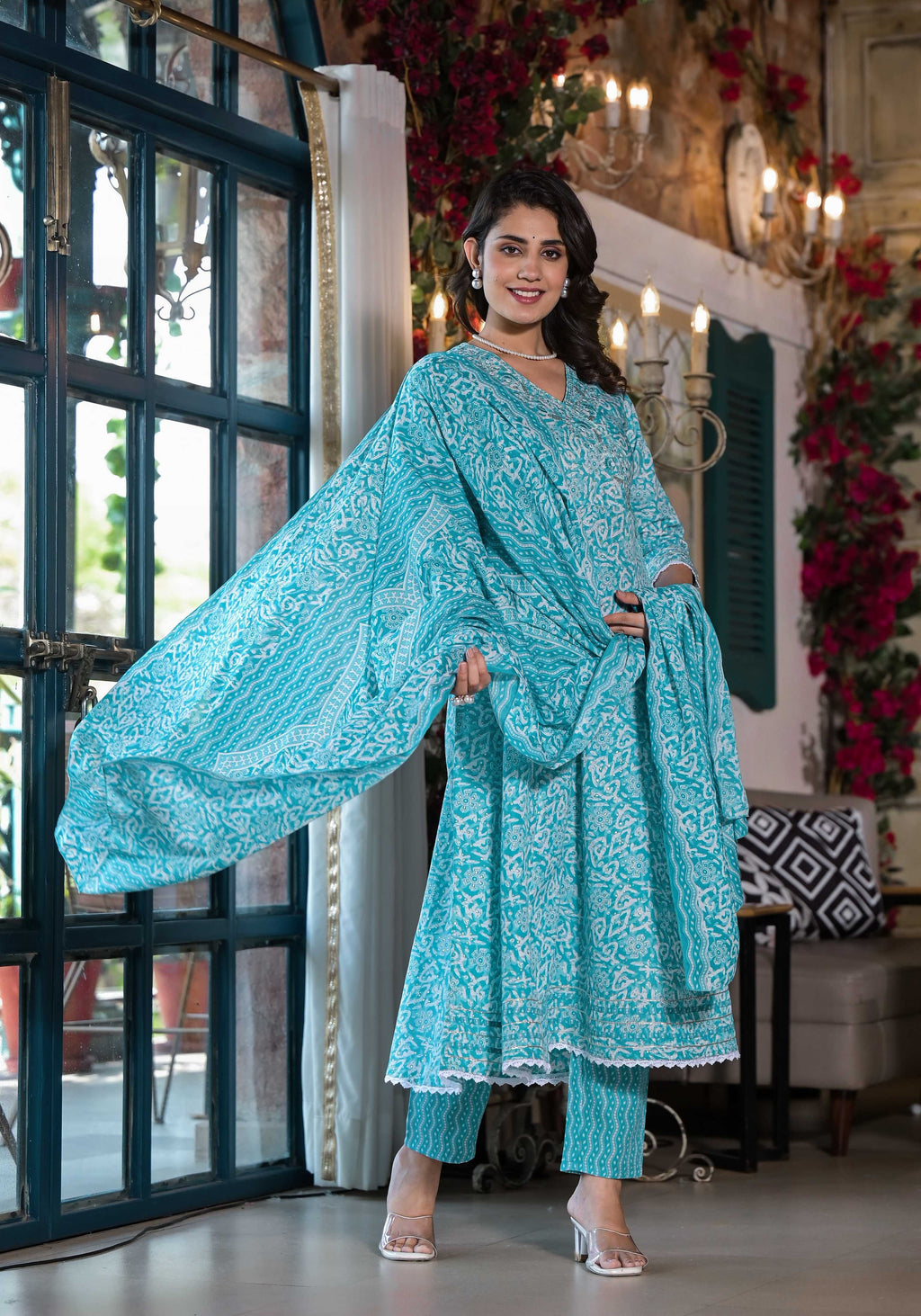 Embroidered & Printed Angrakha Style Kurta With Pant & Dupatta, Blue - Hiral Fashion | Grocsy