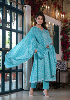 Embroidered & Printed Angrakha Style Kurta With Pant & Dupatta, Blue - Hiral Fashion | Grocsy