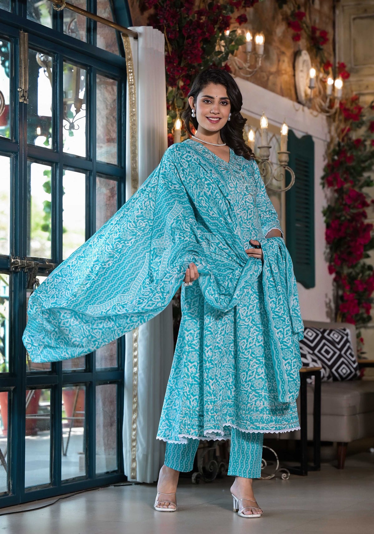 Embroidered & Printed Angrakha Style Kurta With Pant & Dupatta, Blue - Hiral Fashion | Grocsy