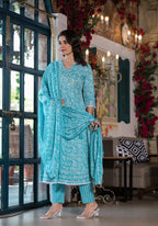 Embroidered & Printed Angrakha Style Kurta With Pant & Dupatta, Blue - Hiral Fashion | Grocsy