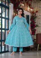 Embroidered & Printed Angrakha Style Kurta With Pant & Dupatta, Blue - Hiral Fashion | Grocsy