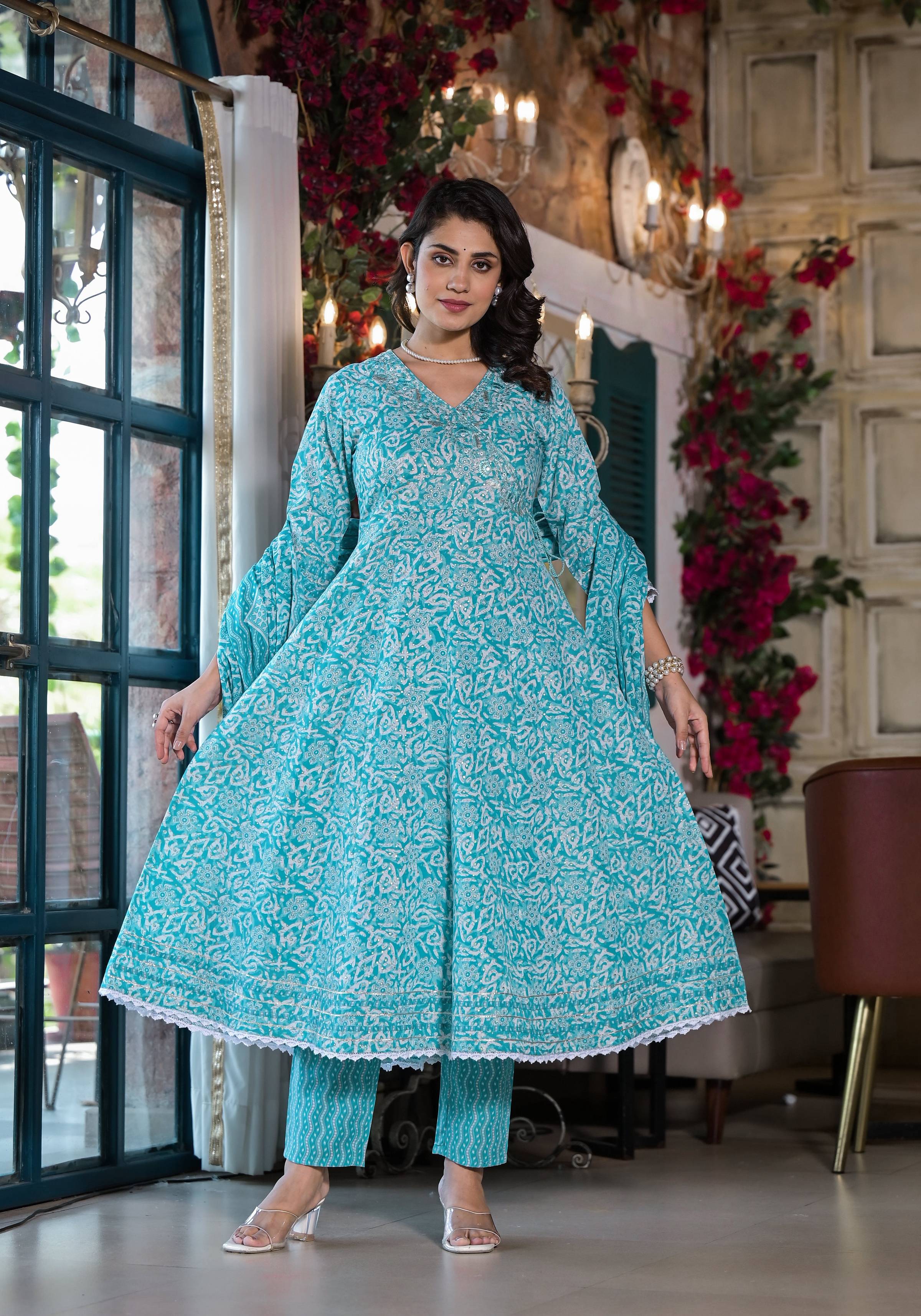 Embroidered & Printed Angrakha Style Kurta With Pant & Dupatta, Blue - Hiral Fashion | Grocsy