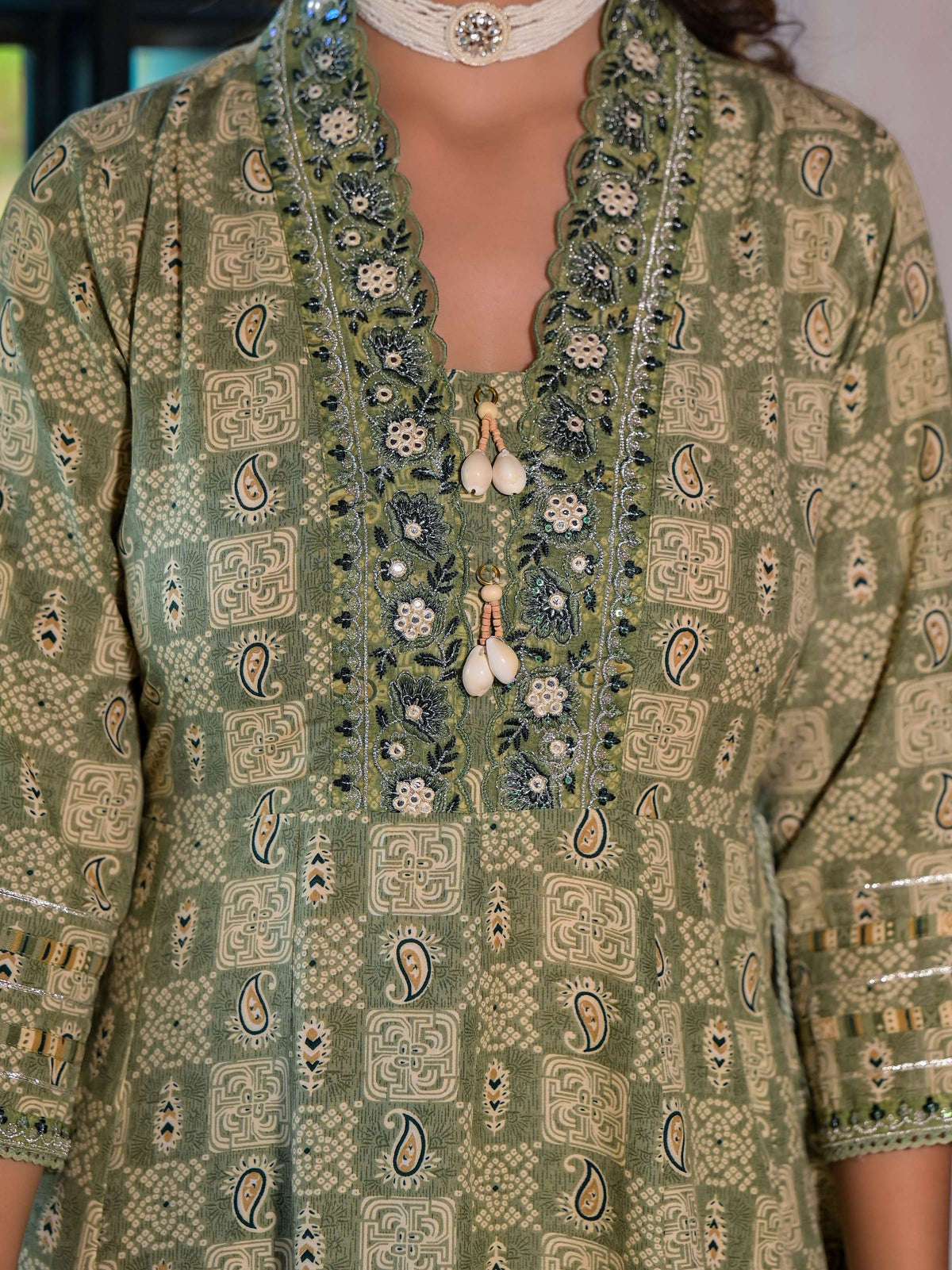 Embroidered & Printed Flared Kurta With Pant & Dupatta, Green - Hiral Fashion | Grocsy