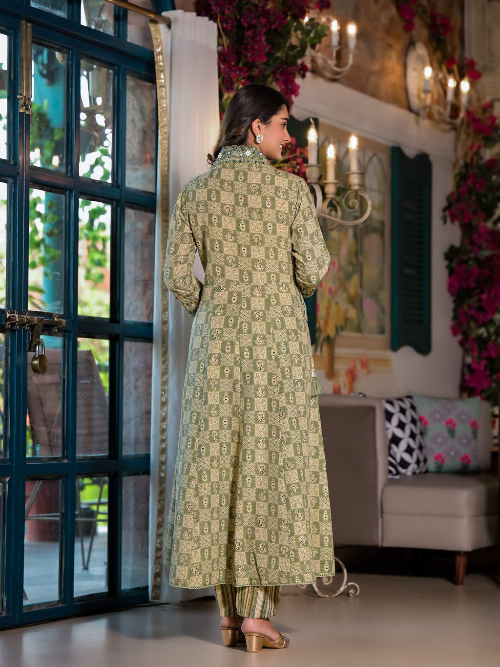 Embroidered & Printed Flared Kurta With Pant & Dupatta, Green - Hiral Fashion | Grocsy