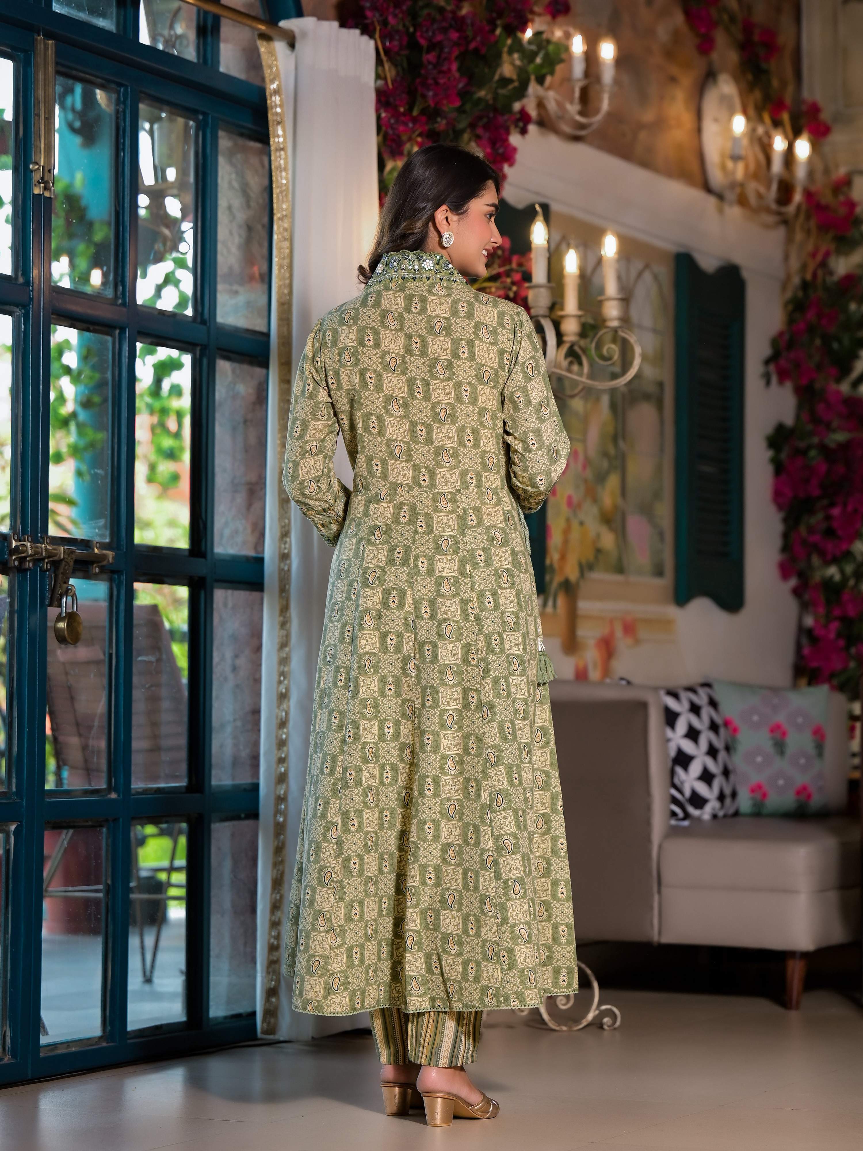 Embroidered & Printed Flared Kurta With Pant & Dupatta, Green - Hiral Fashion | Grocsy