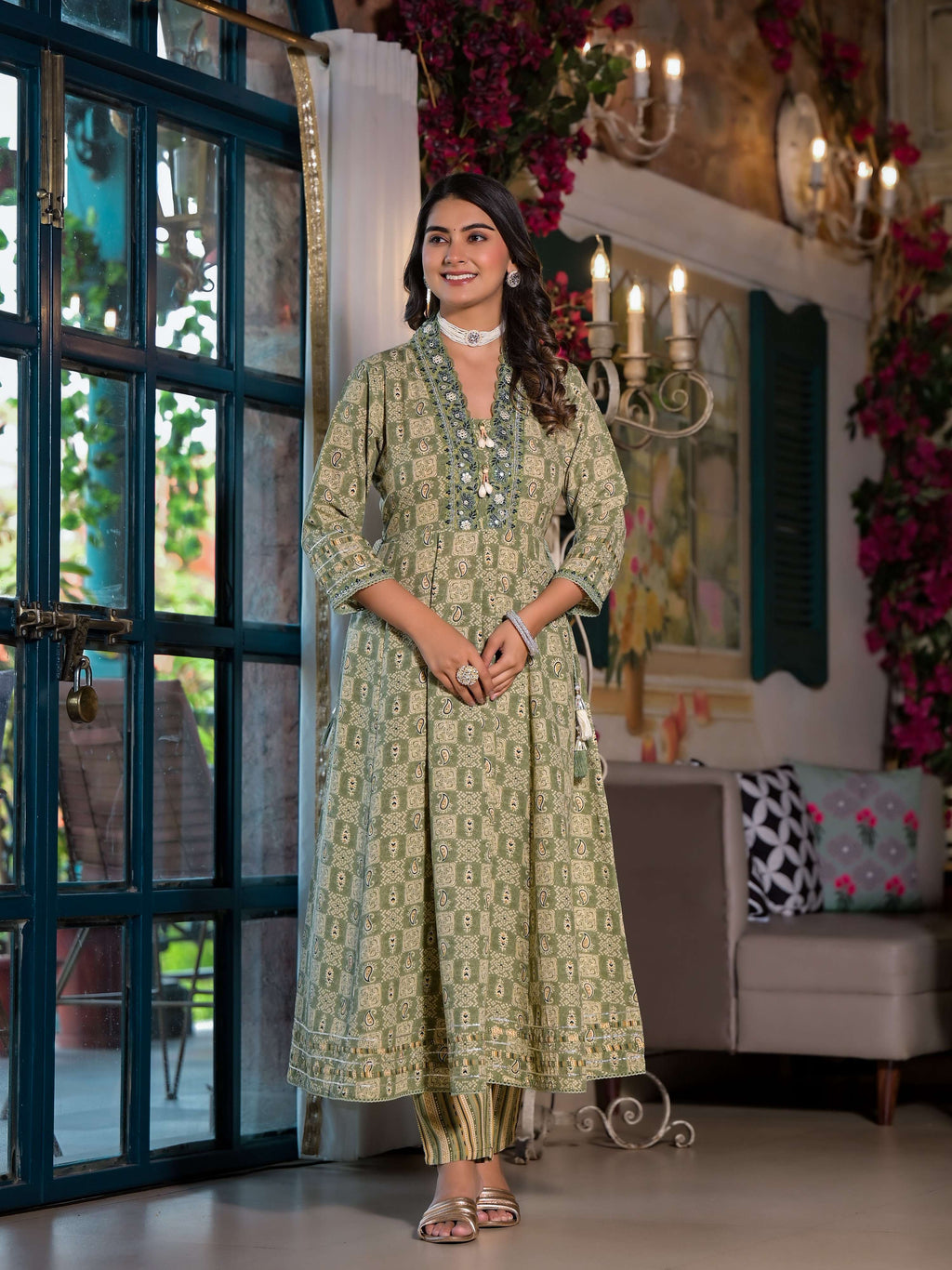 Embroidered & Printed Flared Kurta With Pant & Dupatta, Green - Hiral Fashion | Grocsy