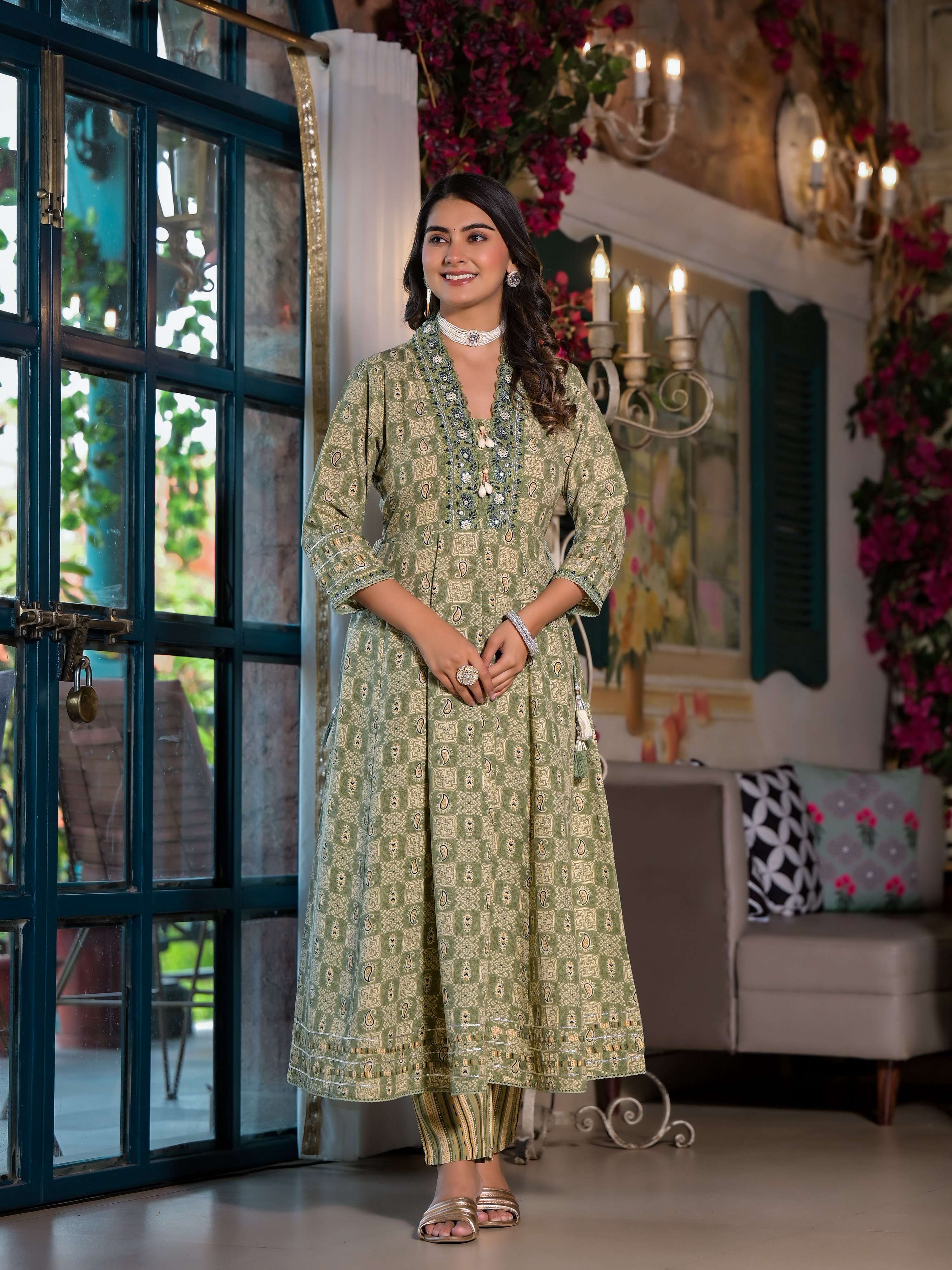 Embroidered & Printed Flared Kurta With Pant & Dupatta, Green - Hiral Fashion | Grocsy