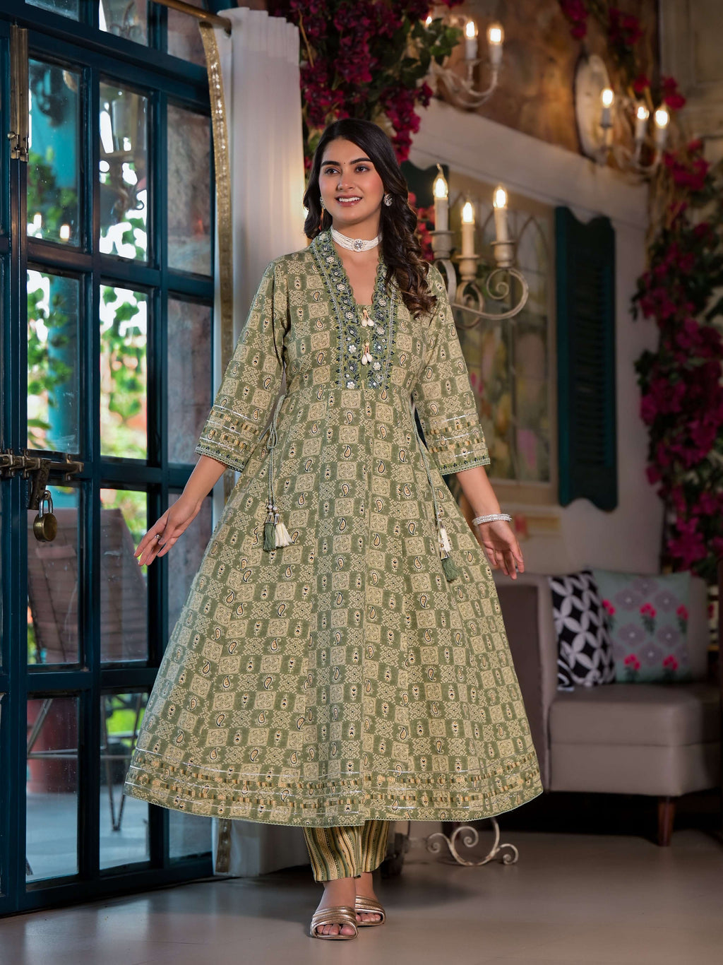 Embroidered & Printed Flared Kurta With Pant & Dupatta, Green - Hiral Fashion | Grocsy