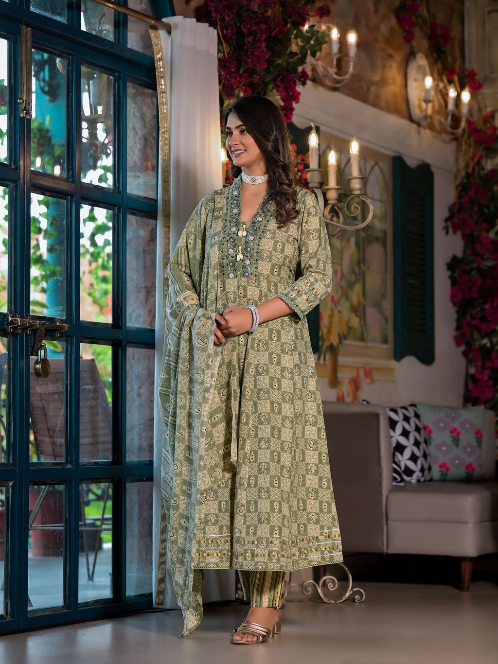Embroidered & Printed Flared Kurta With Pant & Dupatta, Green - Hiral Fashion | Grocsy