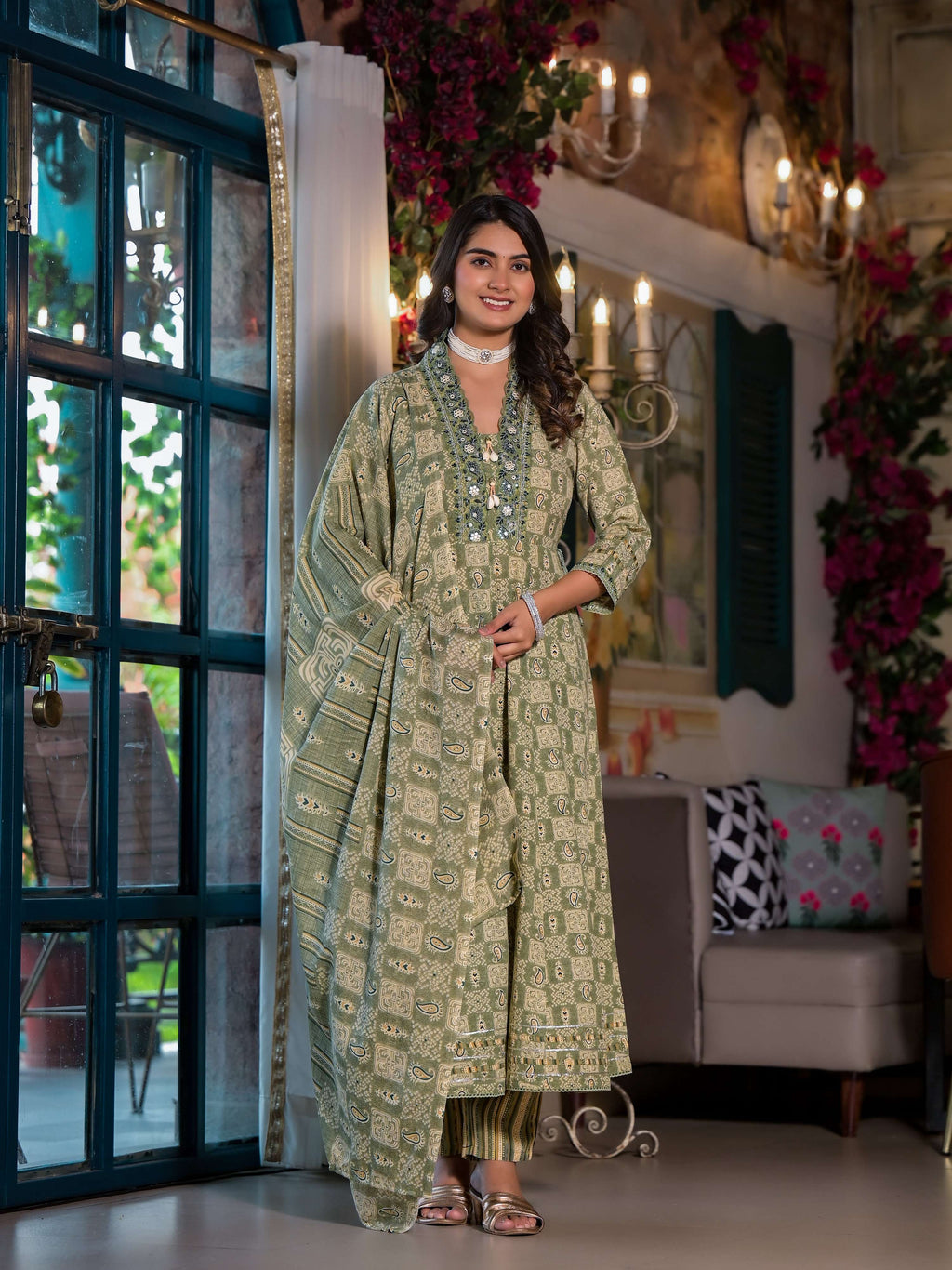 Embroidered & Printed Flared Kurta With Pant & Dupatta, Green - Hiral Fashion | Grocsy