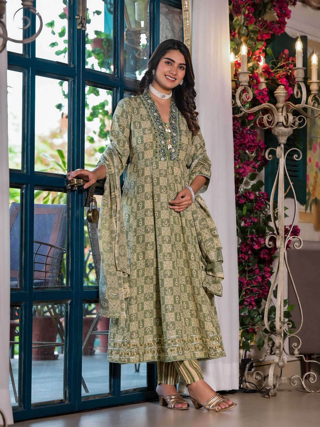 Embroidered & Printed Flared Kurta With Pant & Dupatta, Green - Hiral Fashion | Grocsy