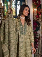 Embroidered & Printed Flared Kurta With Pant & Dupatta, Green - Hiral Fashion | Grocsy