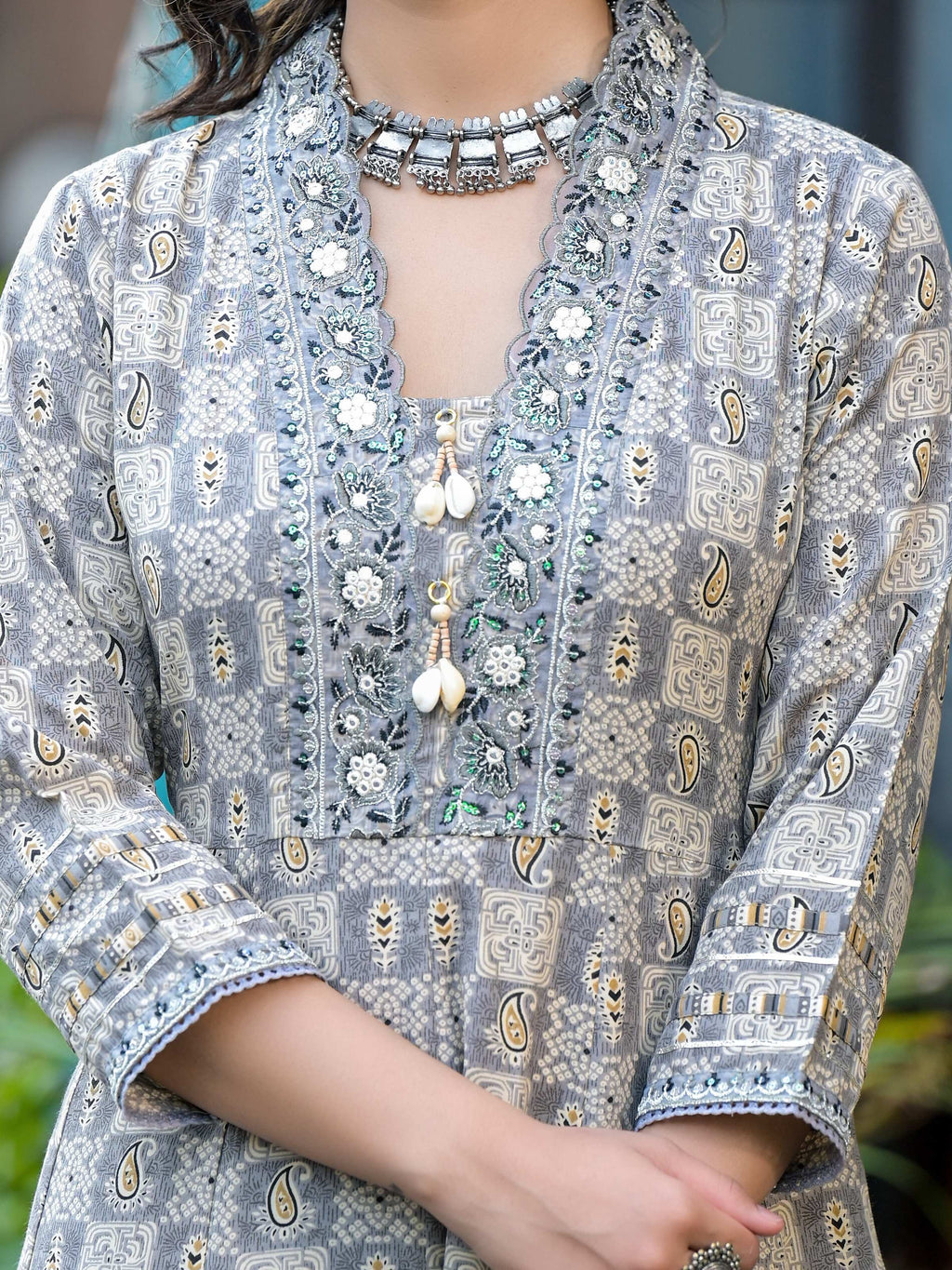 Embroidered & Printed Flared Kurta With Pant & Dupatta, Grey - Hiral Fashion | Grocsy