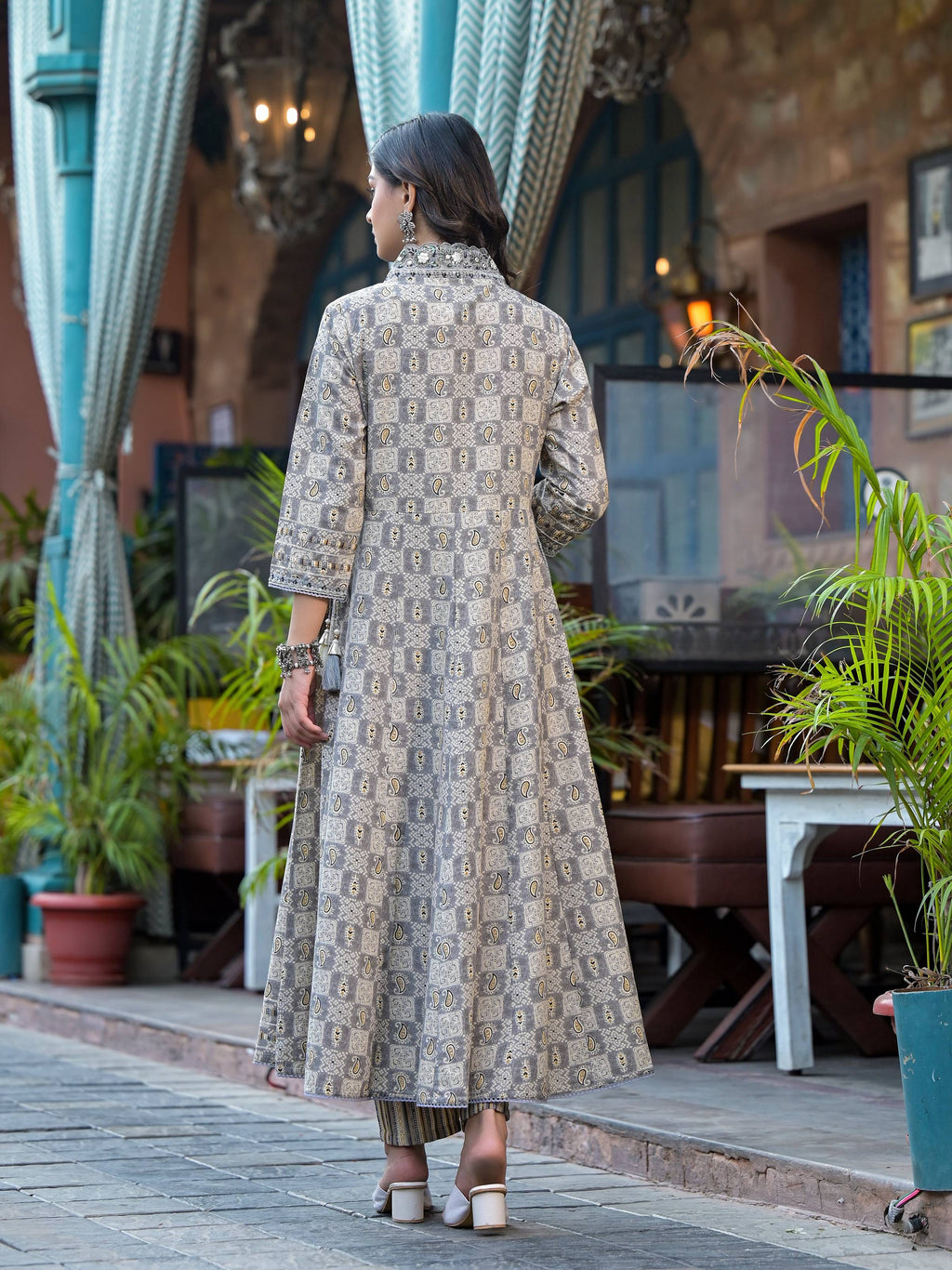 Embroidered & Printed Flared Kurta With Pant & Dupatta, Grey - Hiral Fashion | Grocsy