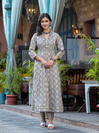 Embroidered & Printed Flared Kurta With Pant & Dupatta, Grey - Hiral Fashion | Grocsy